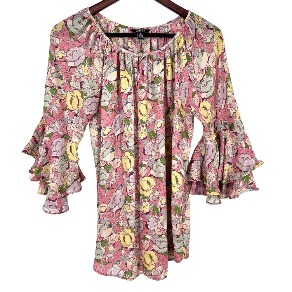 Ralph Lauren Chaps Sz Medium Boho Pink Ruffle Blouse Shirt Top Tropical Summer
